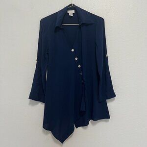 Soft Surroundings Navy Blue Asymmetrical Button Up Blouse